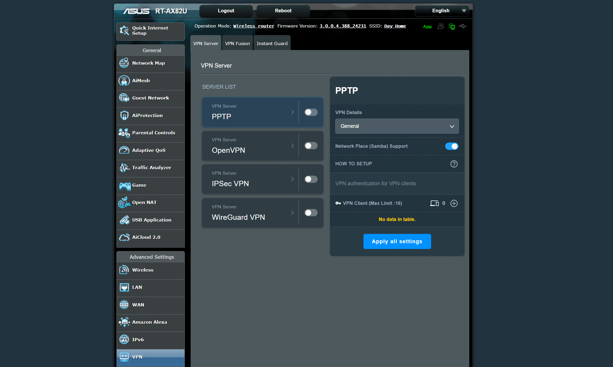 router panel vpn tab